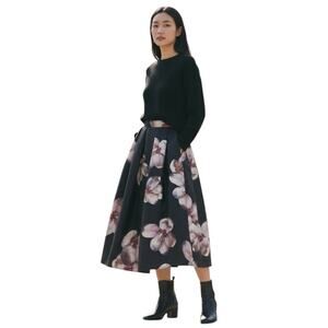 BLVD Women's Blossom Midi Skirt in Black Size Medium Lined